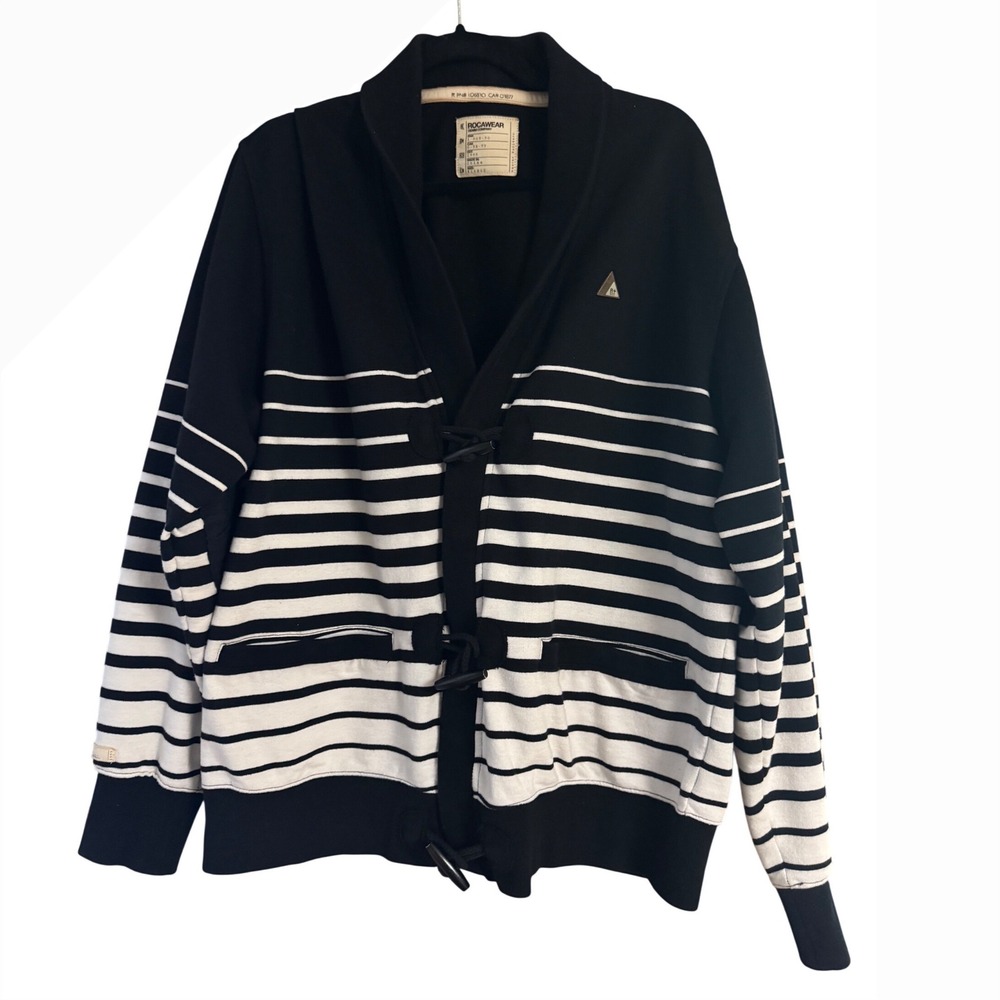 NOT FOR SALE Mens Striped Toggle Cardigan Sweatshirt Black White Shawl Collar XL